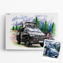 Laden Sie das Bild in den Galerie-Viewer, VW Zeichnung Camper Camping Zeichnung Road Trip 